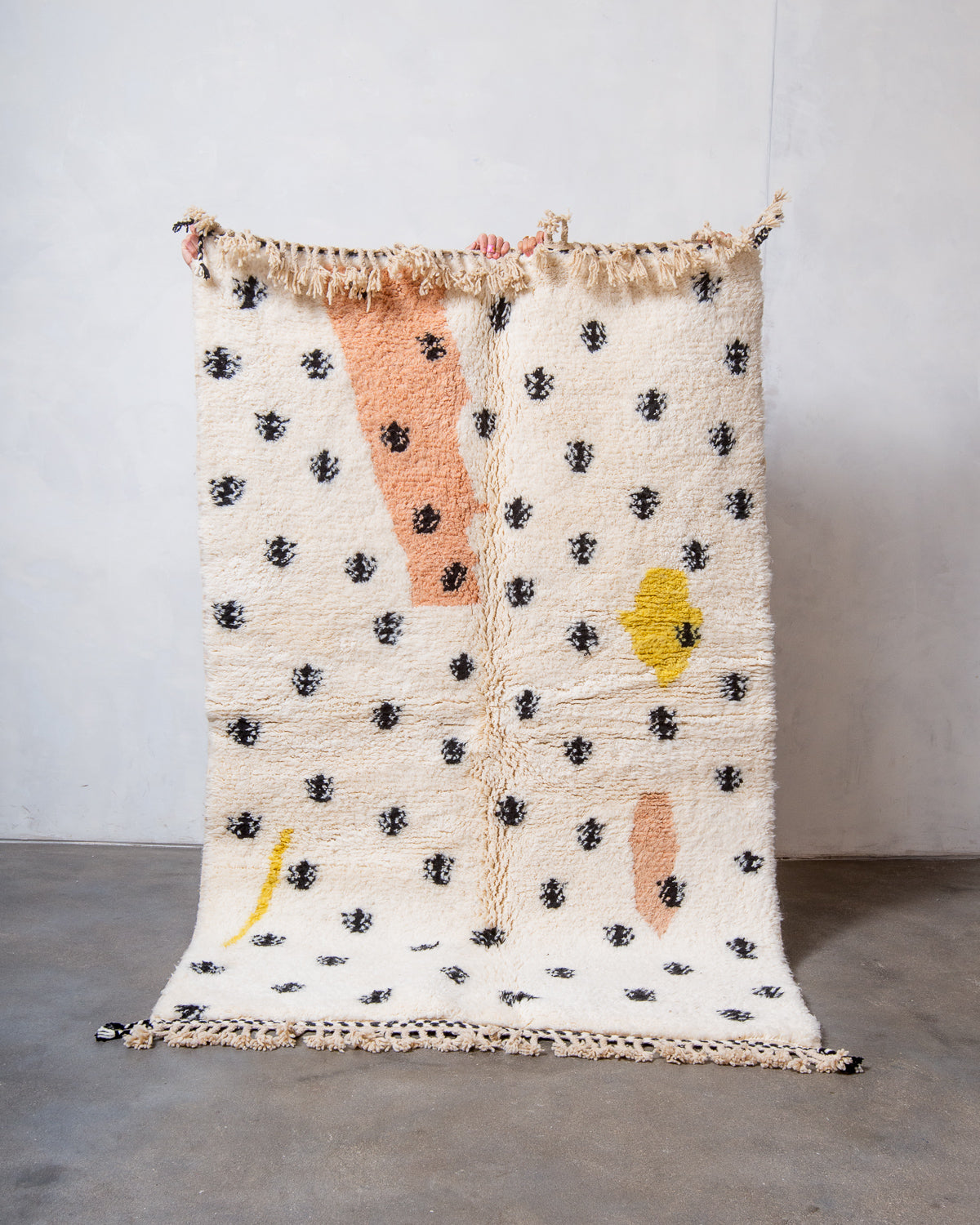 Modern, designer, handcrafted Berber rug from Morocco. Beniourain carpet with beautiful colours and patterns and fluffy wool texture.